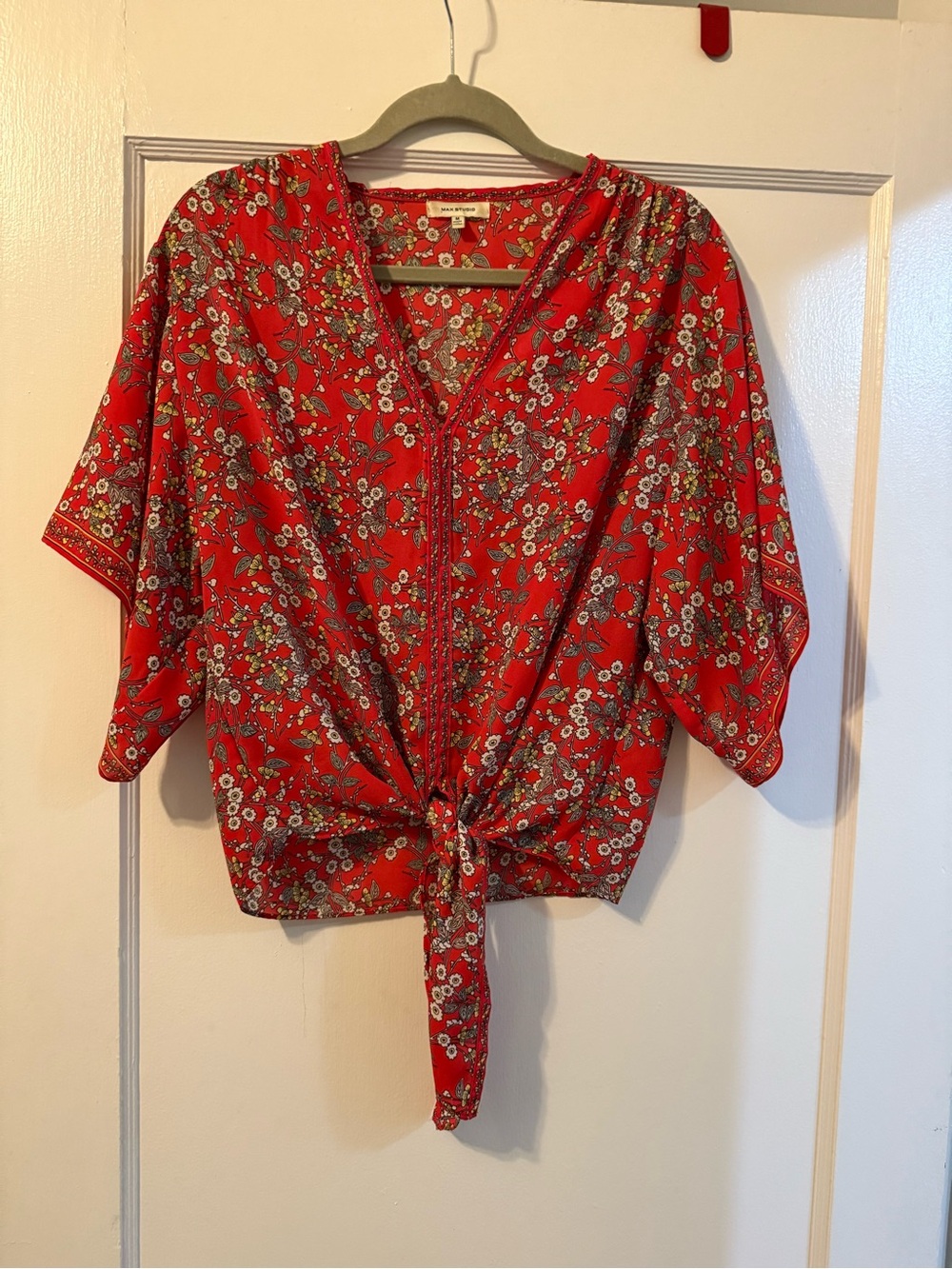Red Floral Tie-Front Blouse